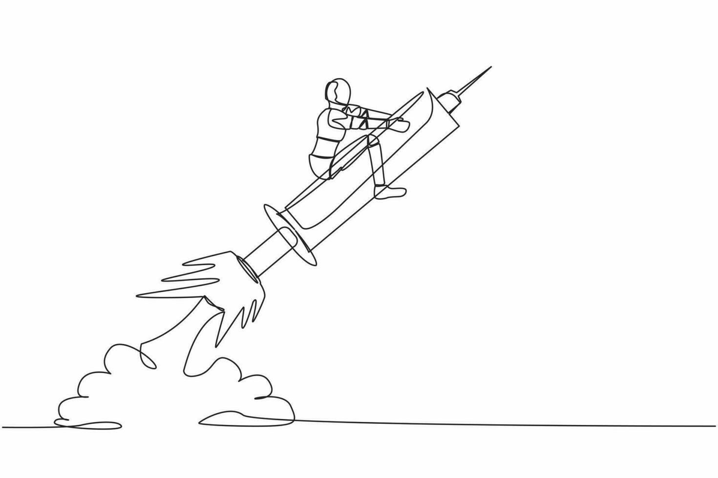 Continuous one line drawing robot riding syringe rocket flying in the sky. Boosting health with tech. Robot cybernetic organism. Future robotic development. Single line draw design vector illustration