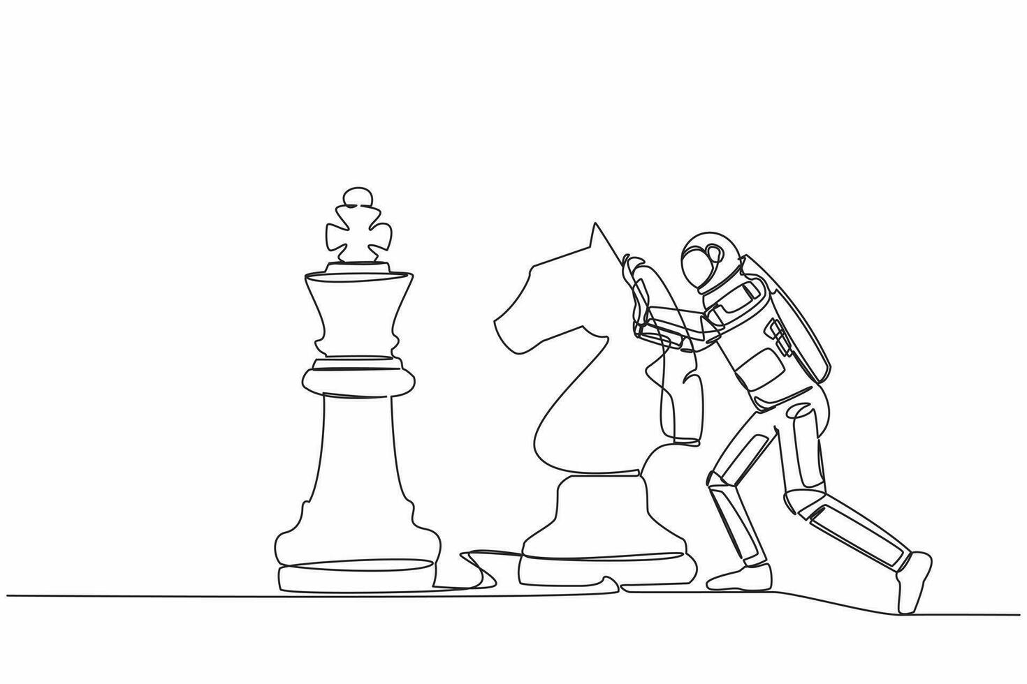 Continuous one line drawing of young astronaut push huge knight horse chess piece to take down king in moon surface. Cosmonaut outer space concept. Single line draw design vector graphic illustration