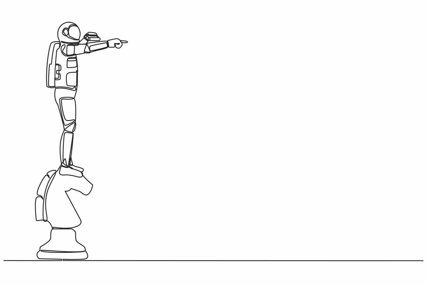 Single one line drawing astronaut on top big horse chess piece using binocular. Looking for new expedition. Cosmic galaxy space concept. Modern continuous line draw design graphic vector illustration