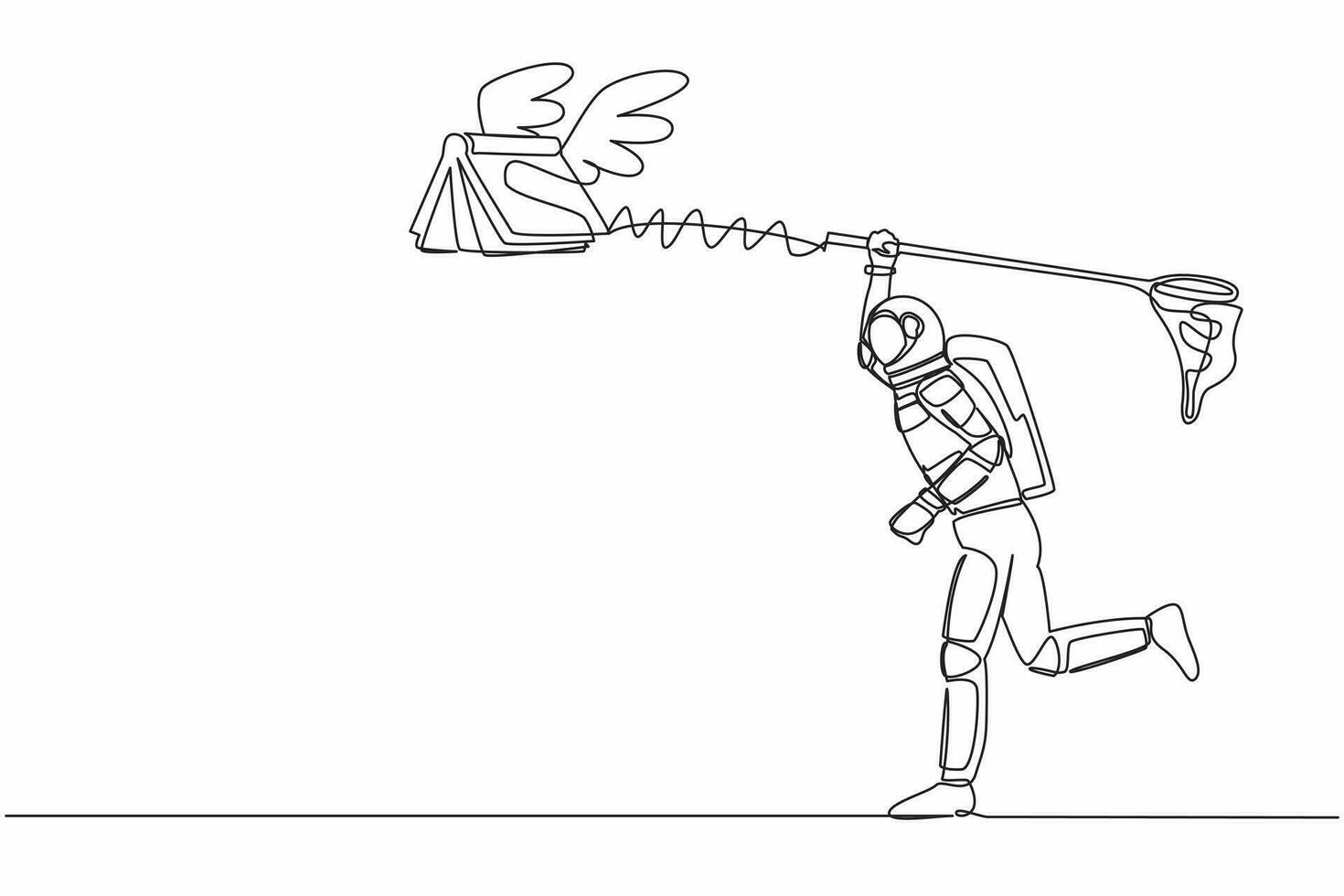 Single one line drawing young astronaut try to catching flying book with butterfly net. Study literature for space exploration. Cosmic galaxy space. Continuous line graphic design vector illustration
