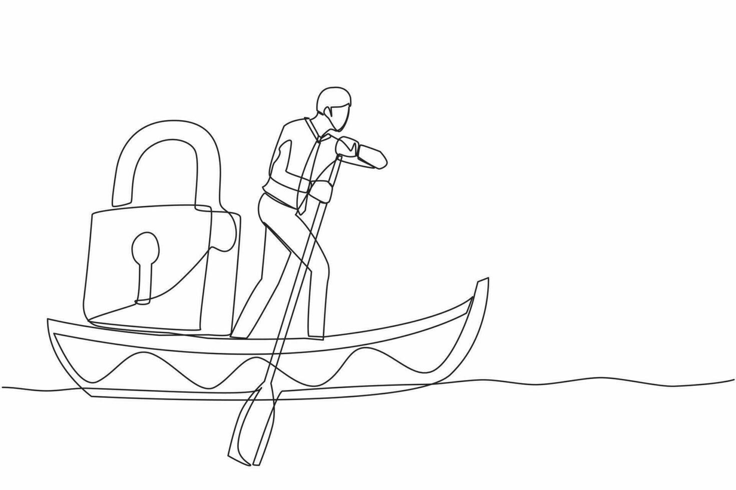 Single one line drawing businessman standing in boat and sailing with padlock. Shipping protection at ocean from pirate. Security in business at sea. Continuous line design graphic vector illustration