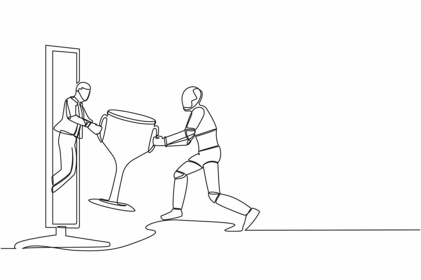 Continuous one line drawing of young male giving trophy to robot from computer screen. Winning, leadership, achievement. Future robotic development. Single line draw design vector graphic illustration