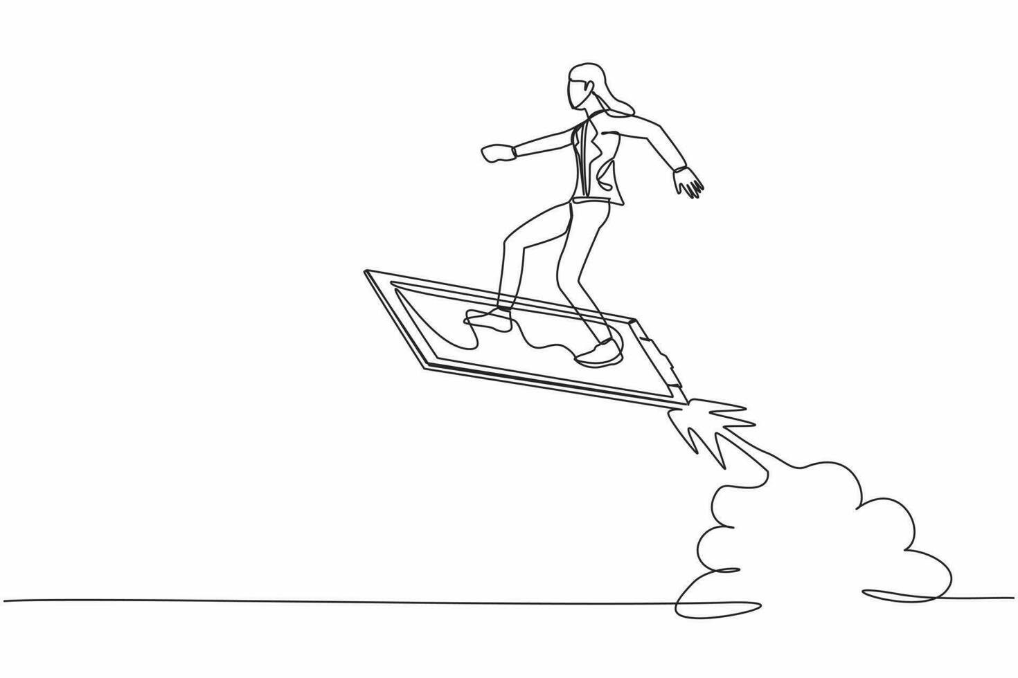 Continuous one line drawing businesswoman riding clipboard rocket flying in the sky. Checklist data analyze of employee status. Company development. Single line draw design vector graphic illustration