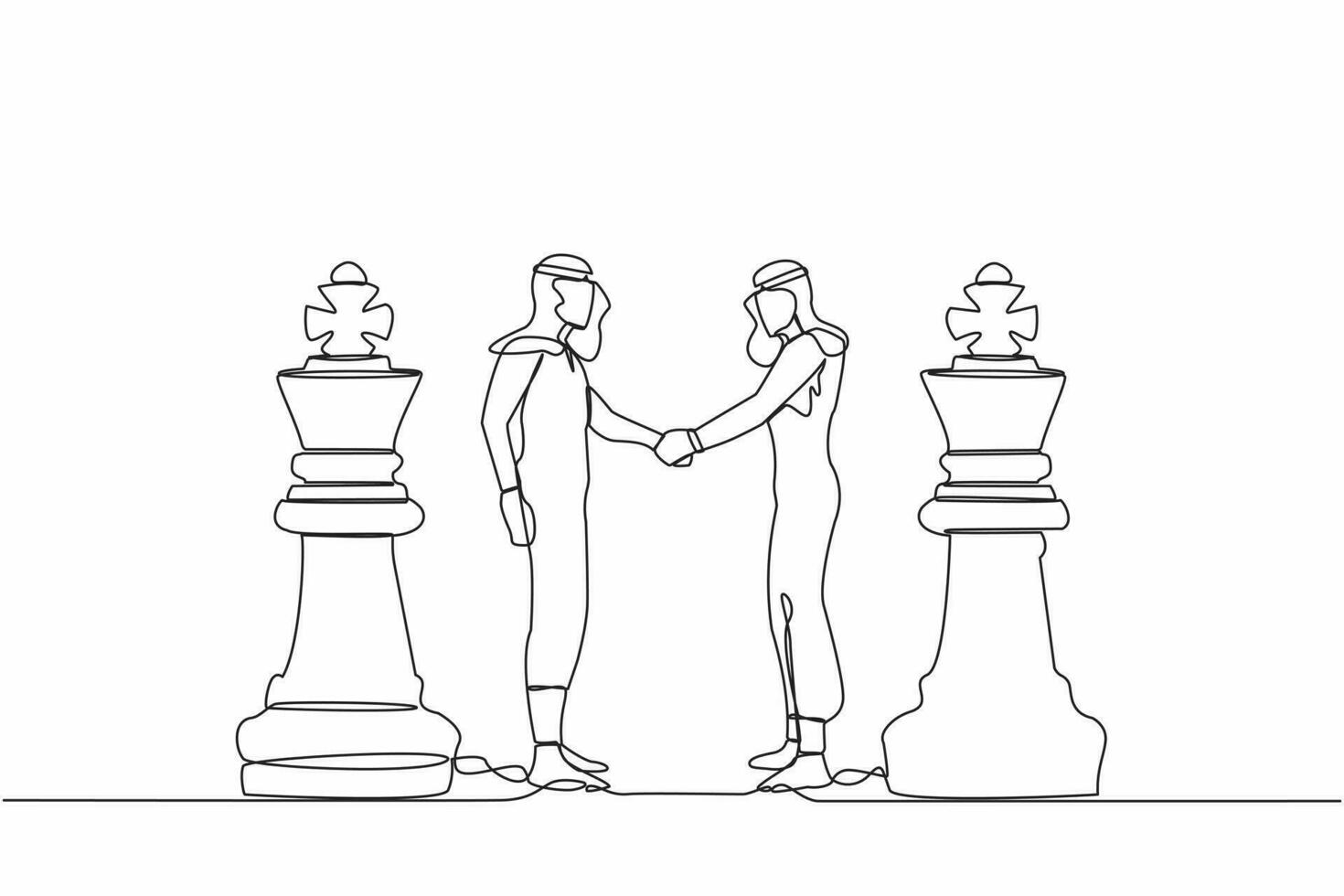 Continuous one line drawing two Arab businessmen shaking hands together while standing between of king chess pieces. Agreement or partnership decision. Single line design vector graphic illustration