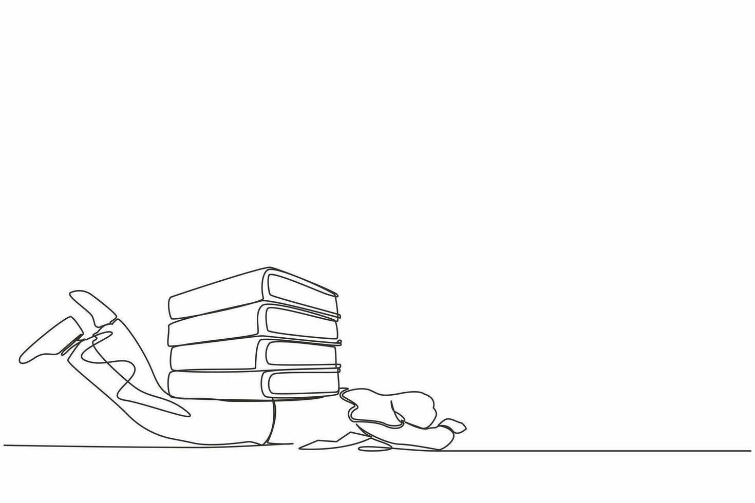 Continuous one line drawing unhappy businesswoman under heavy pile of paper folder burden. Tired person cannot cope with amount of work. Worker swamped with paperwork. Single line draw design vector