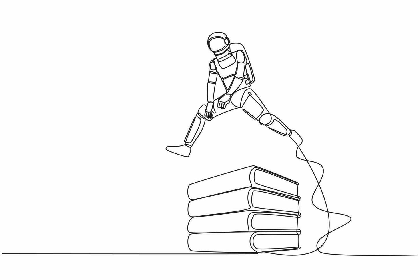 Single continuous line drawing astronaut jump over pile of binders. Spaceship expedition paperwork document. Information classification. Cosmonaut deep space. One line draw design vector illustration
