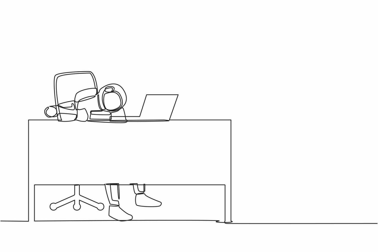 Single one line drawing anxiety young astronaut in office with put his head on working desk. Crisis in spaceship industry. Cosmic galaxy space. Continuous line draw graphic design vector illustration