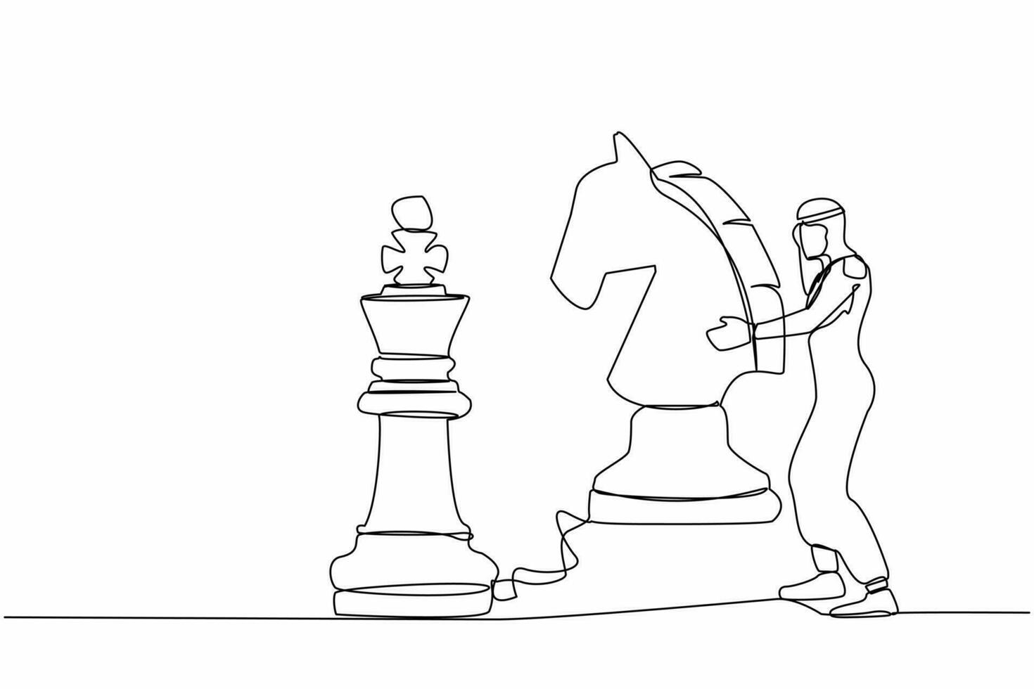 Single one line drawing Arabian businessman holding horse chess piece to beat king chess. Strategic planning, business development strategy, tactics in game. Continuous line design vector illustration