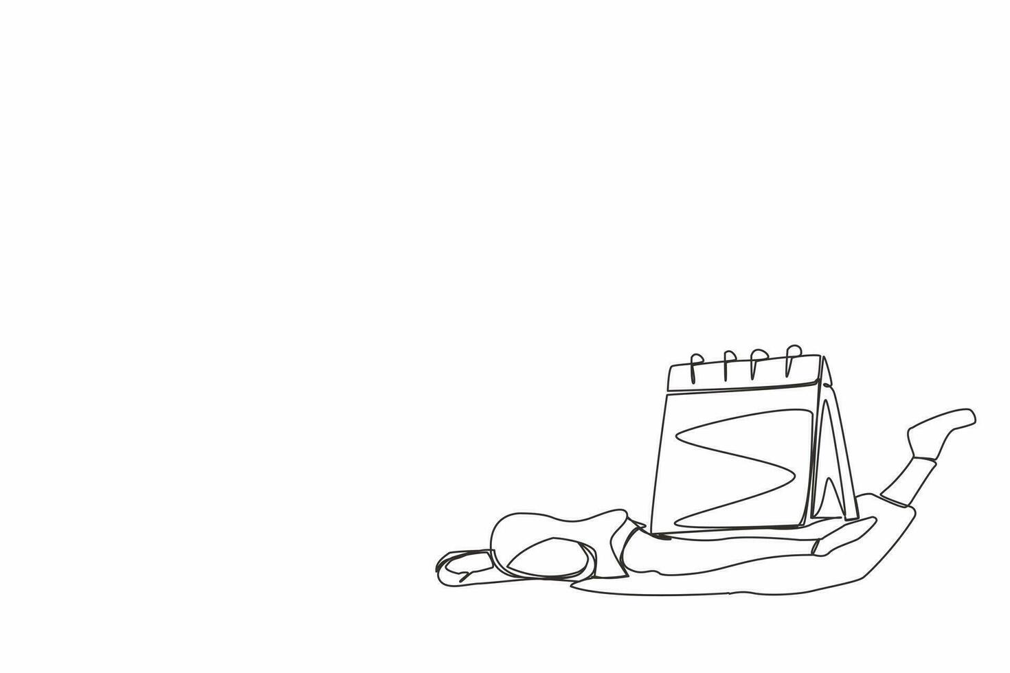 Single continuous line drawing Arab businesswoman under heavy calendar burden. Burnout syndrome. Stress at work, emotional exhaustion, feeling drained. One line draw graphic design vector illustration