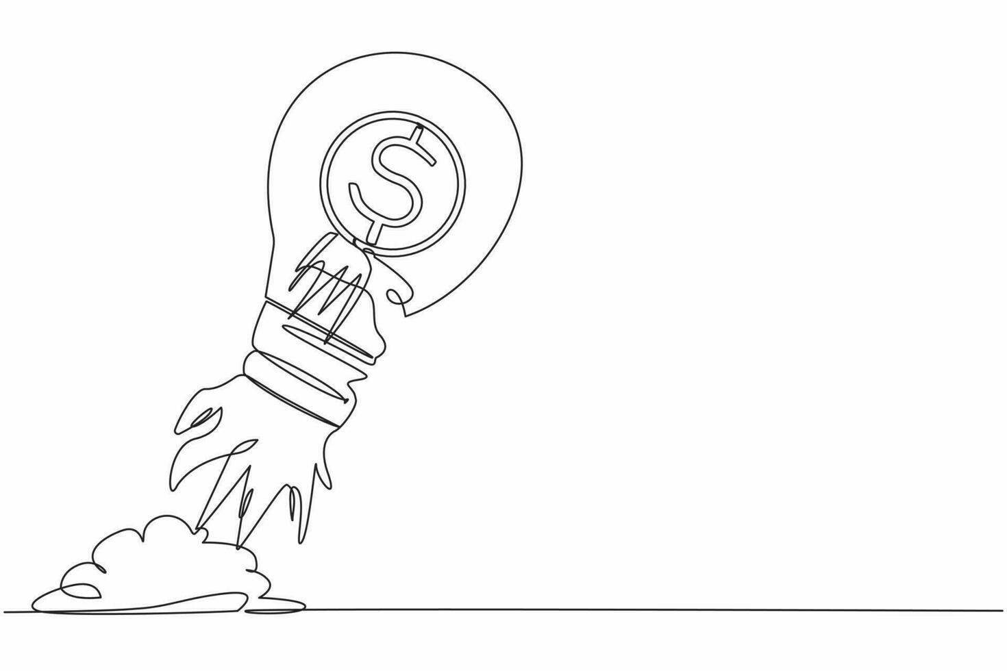 Continuous one line drawing dollar coin launching with light bulb. Business startup and growth, success, big profit, money exchange rate increase. Single line draw design vector graphic illustration