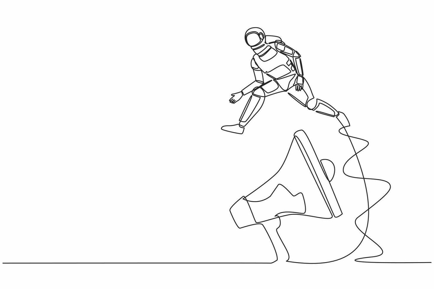 Continuous one line drawing young astronaut jumping over big megaphone. Loudspeaker technology. Announcement in space office control. Cosmonaut outer space. Single line draw design vector illustration