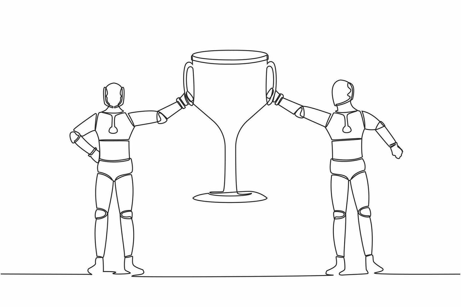 Single one line drawing two robots holding golden trophy together. Winners team celebrating victory. Artificial intelligence machine learning process. Continuous line draw design vector illustration