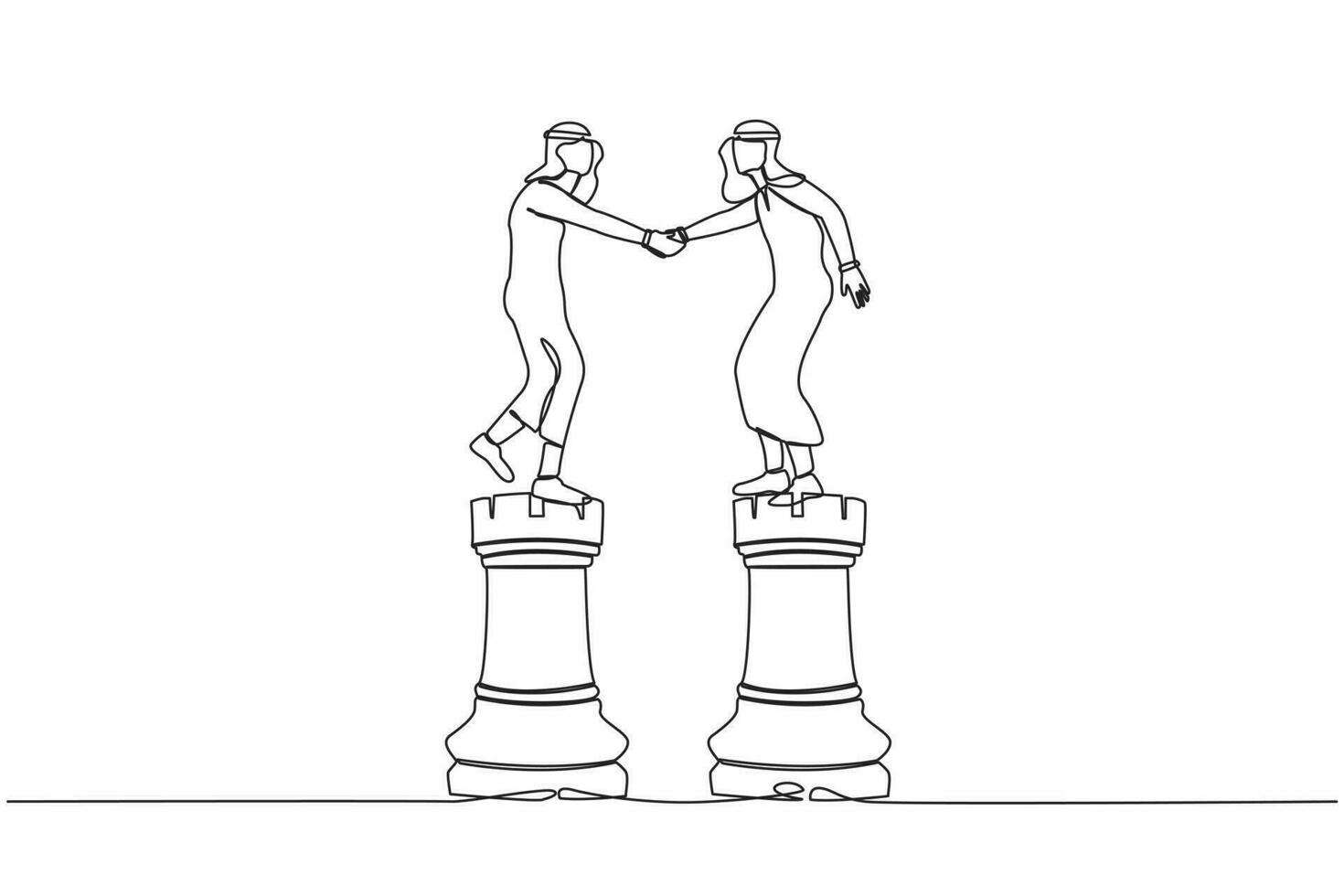 Single one line drawing Arabian businessman leader shaking hand on rook chess. Partnership decision, collaboration strategy to success together concept. Continuous line draw design vector illustration