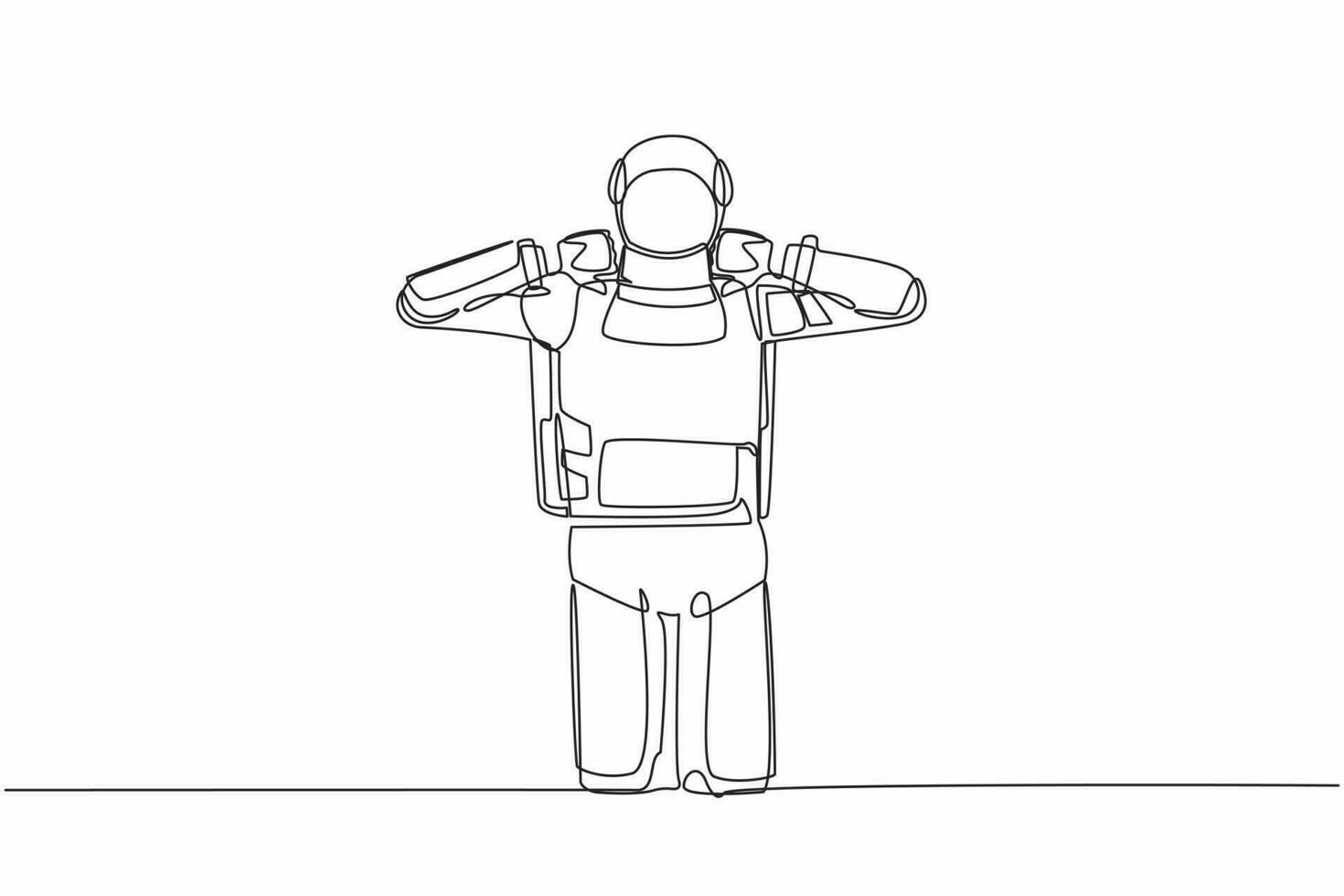 Single continuous line drawing astronaut standing with thumb down sign gesture. Dislike, disagree, disappointment, disapprove, no deal. Cosmonaut deep space. One line draw design vector illustration