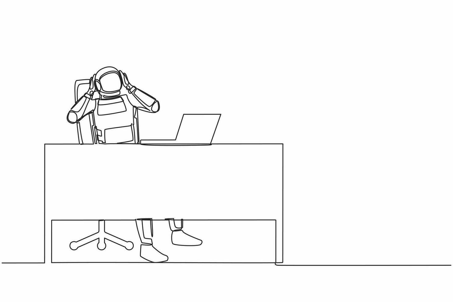 Single continuous line drawing frustrated young astronaut sitting with laptop and holding head at working desk. Space explore failure. Cosmonaut deep space. One line graphic design vector illustration