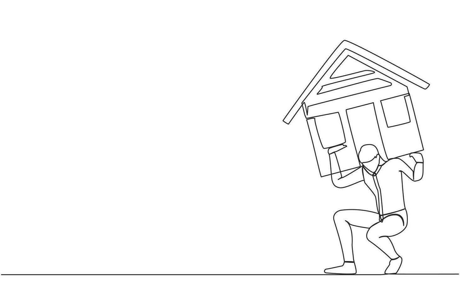 Single one line drawing exhausted businessman carrying heavy house on his back. Financial mortgage, need pay taxes expenses. Bank loan. Lease, finance. Continuous line draw design vector illustration