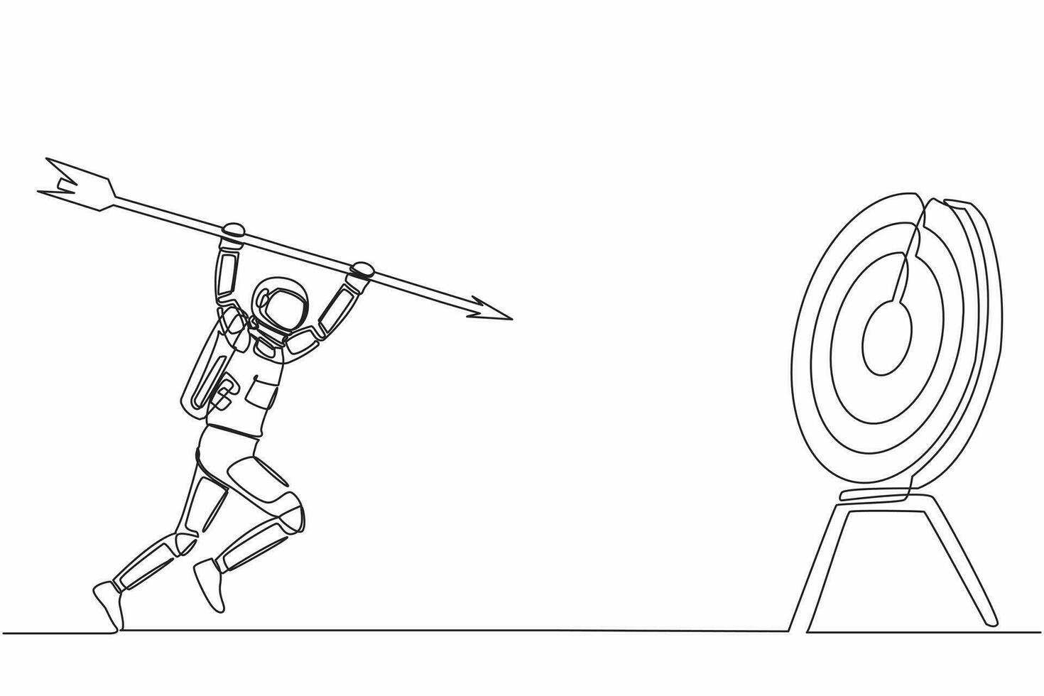 Continuous one line drawing astronaut holding and point big arrow on target. Spaceship interstellar exploration goal achievement. Cosmonaut outer space. Single line graphic design vector illustration
