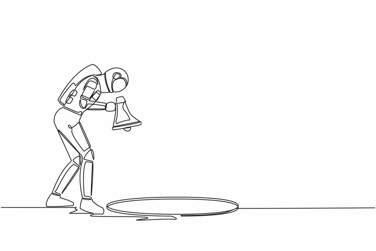 Single one line drawing of young astronaut scream into pit hole with megaphone. Spaceman wondering and looking at big hole. Cosmic galaxy space. Continuous line draw graphic design vector illustration