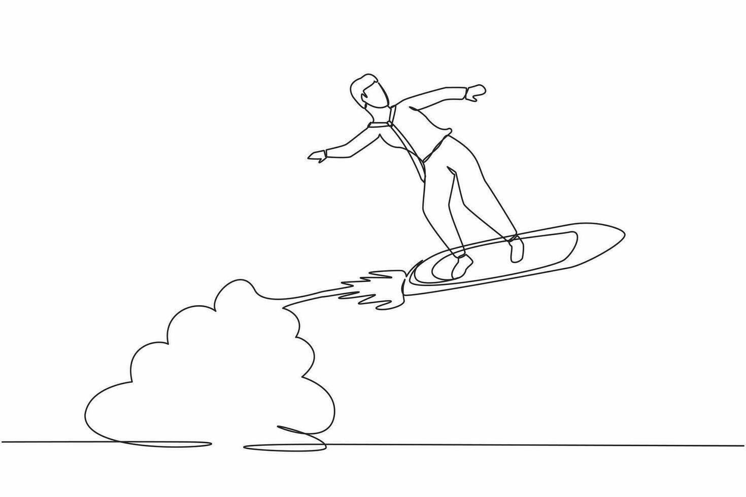 Single one line drawing businessman riding surfing board rocket flying in the sky. Successful trader on peak of profitability. Business success. Continuous line draw design graphic vector illustration