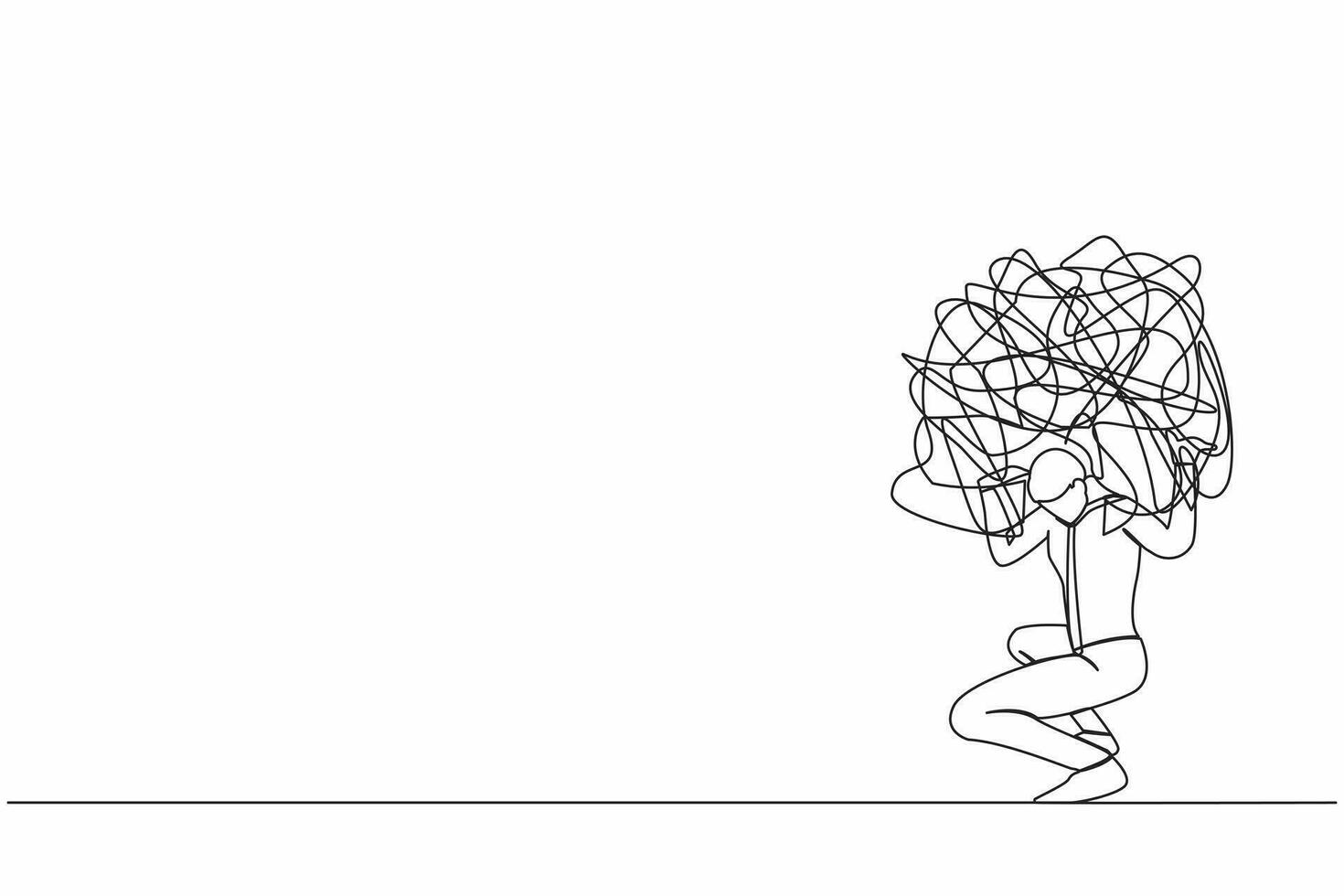 Single continuous line drawing exhausted businessman carrying heavy messy line on his back. Anxiety from work difficulty and overload, problem in economic crisis. One line design vector illustration