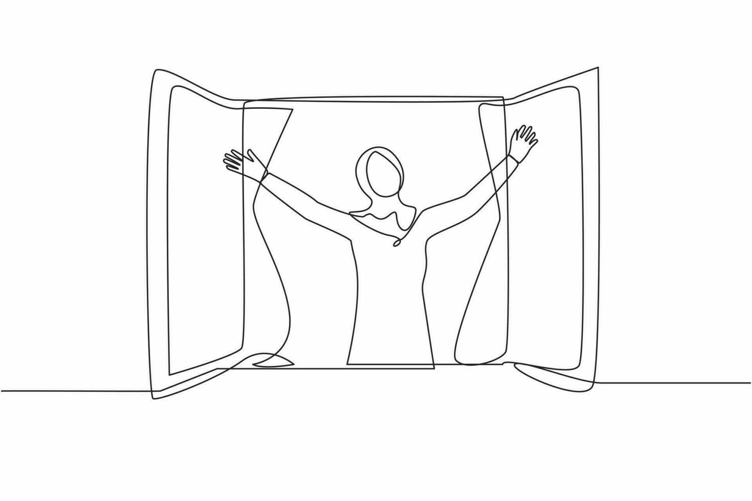 Single continuous line drawing happy Arab woman doing stretching and look out of window. Welcome new day and breathe fresh air. Enjoy sunny weekend at home. One line graphic design vector illustration