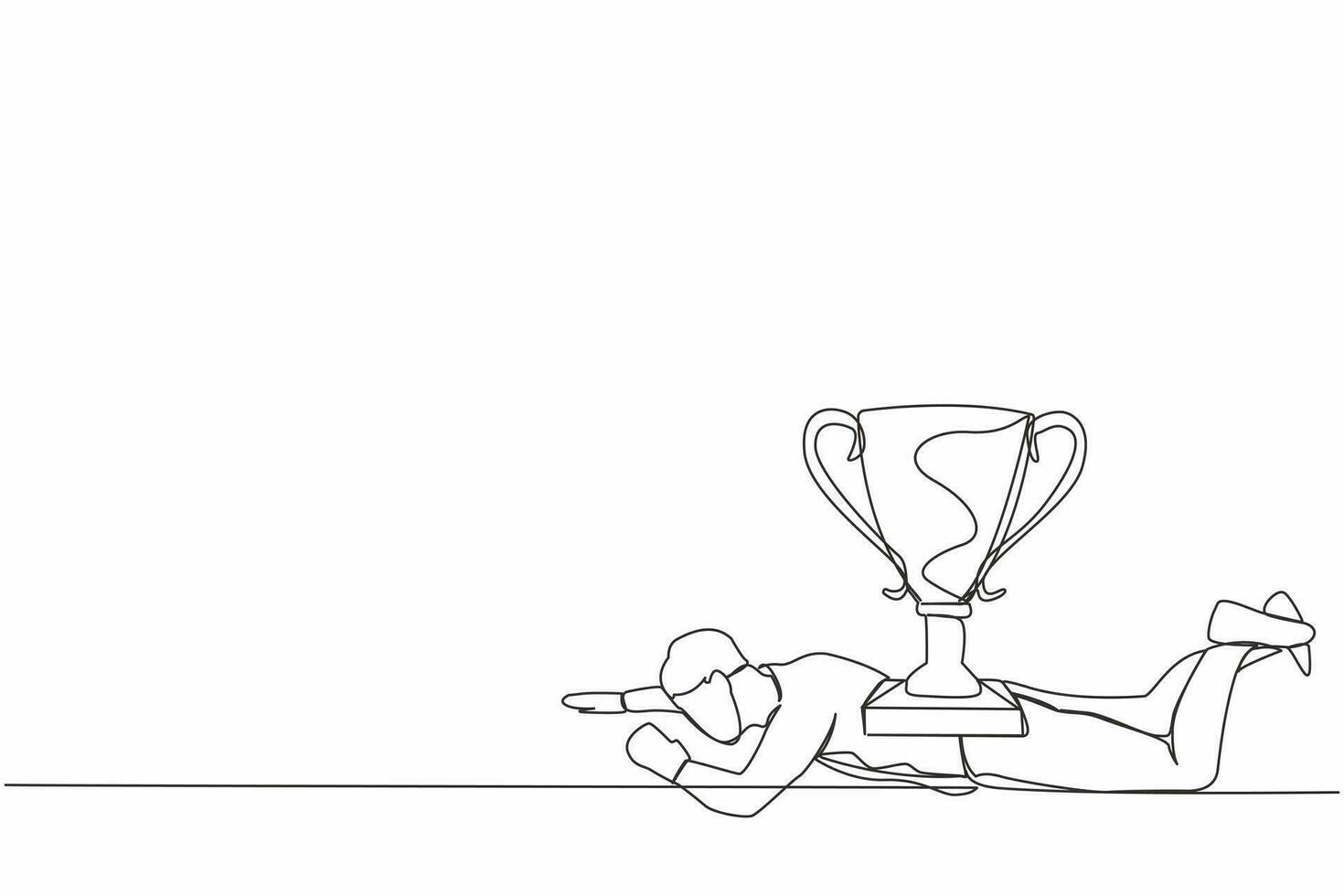 Continuous one line drawing depressed businessman under heavy trophy burden. Young male worker fail to achieve goals. Delayed career path at office. Single line draw design vector graphic illustration