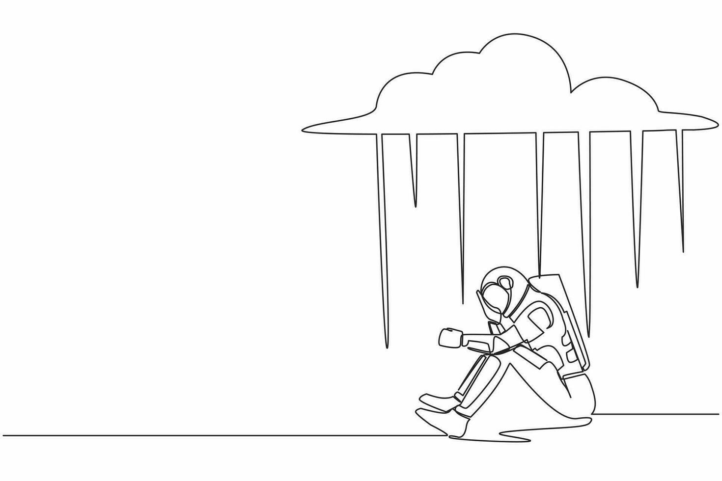 Single one line drawing unhappy astronaut feeling stress and sad. Sitting under rain cloud due to space expedition failure. Cosmic galaxy space. Continuous line draw graphic design vector illustration