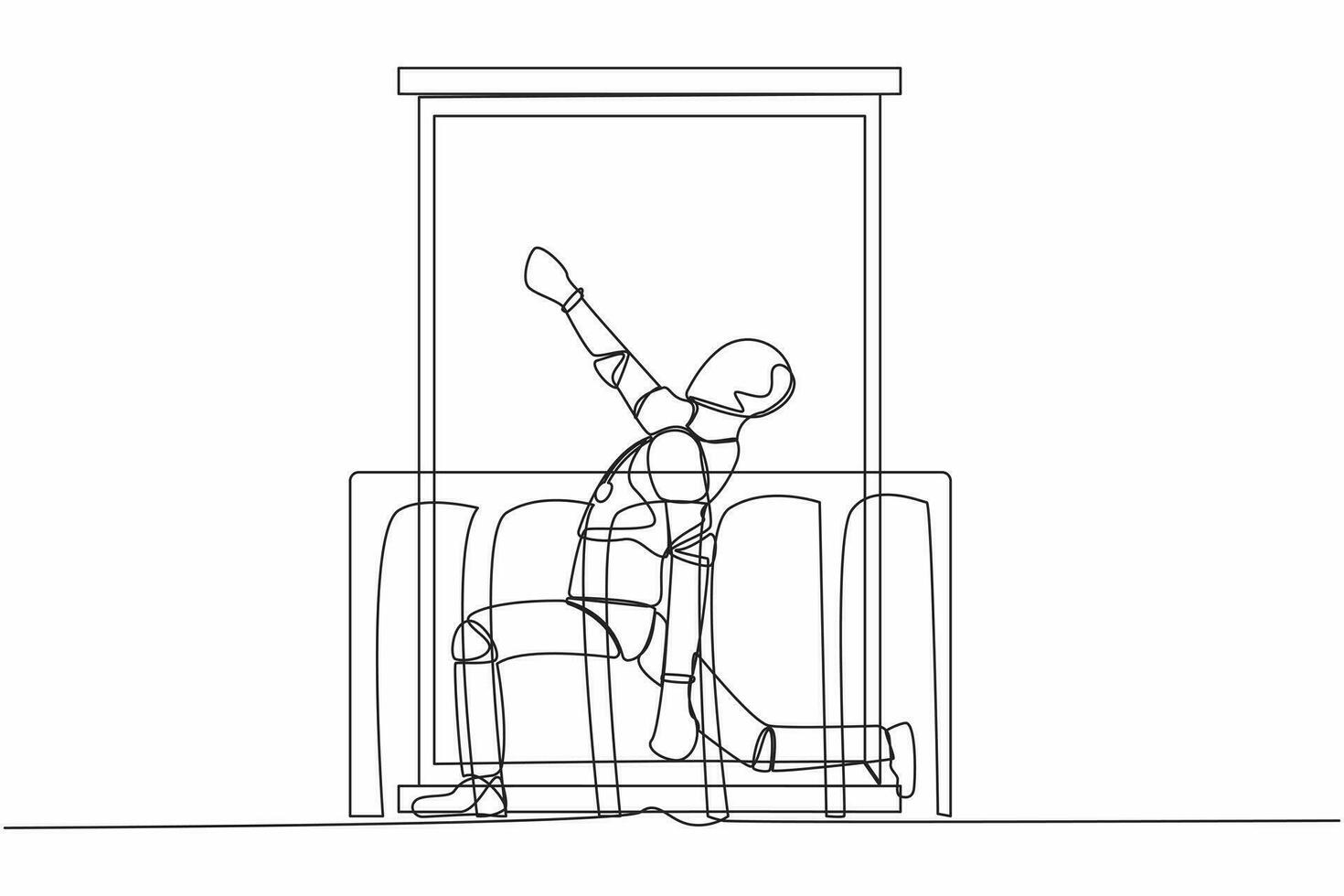 Continuous one line drawing robot with headphone practices yoga near window or balcony. Sports, workout, exercise activity. Humanoid robot cybernetic organism. Single line design vector illustration