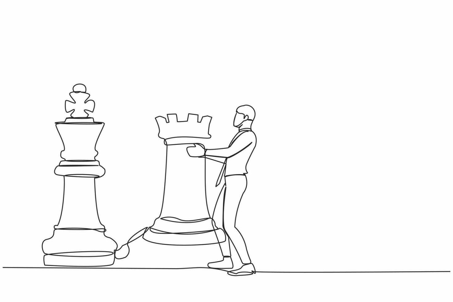 Single continuous line drawing businessman holding rook chess piece. Concept of strategic planning, business development strategy, tactics in entrepreneurship. One line draw design vector illustration