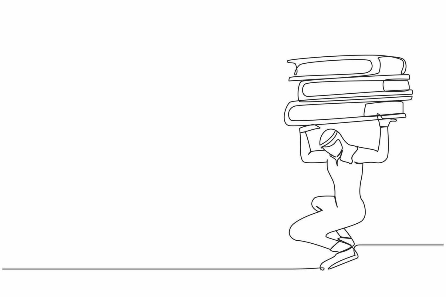 Continuous one line drawing Arab businessman carry heavy pile of paper folder on his back. Tired person due to amount of work. Exhausted worker with paperwork. Single line design vector illustration