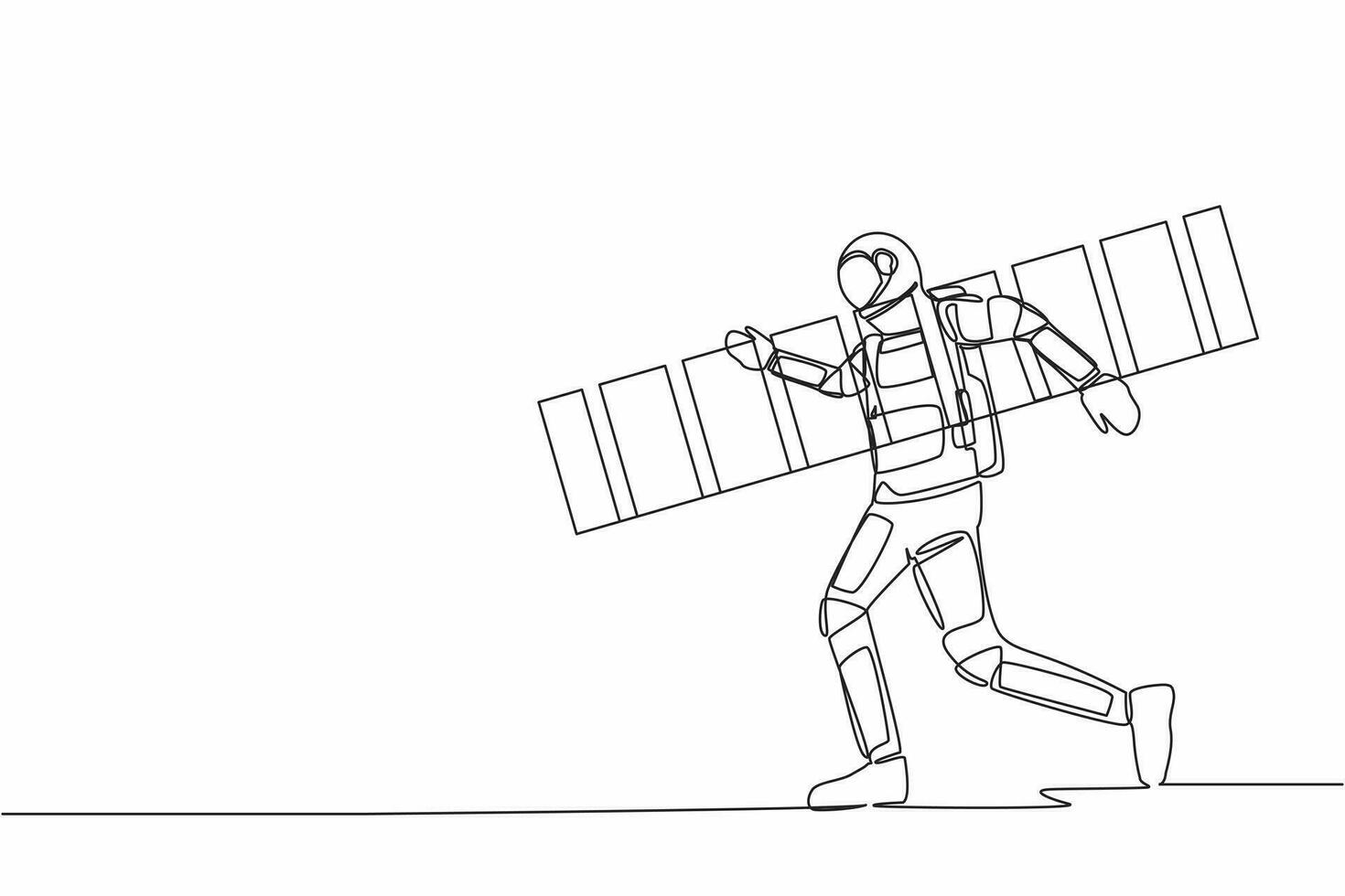 Single one line drawing astronaut repairman walking with ladder. Renovation home. Preparation house reparation in moon surface. Cosmic galaxy space. Continuous line graphic design vector illustration