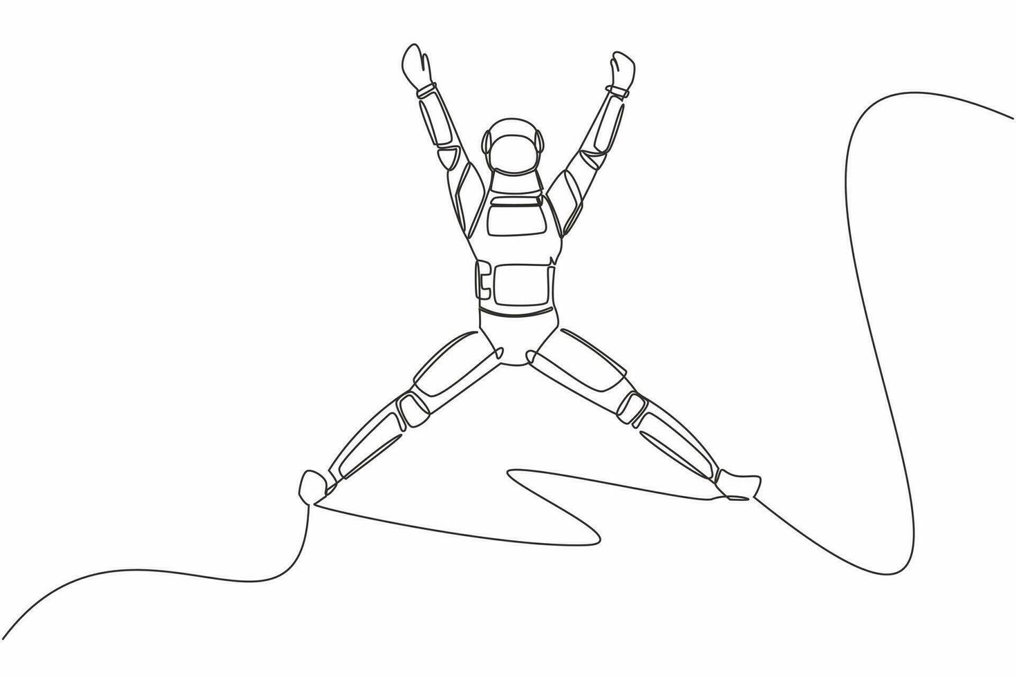 Continuous one line drawing happy astronaut jumping with raised his arms and legs. Successful in spaceship business project. Cosmonaut outer space. Single line draw graphic design vector illustration