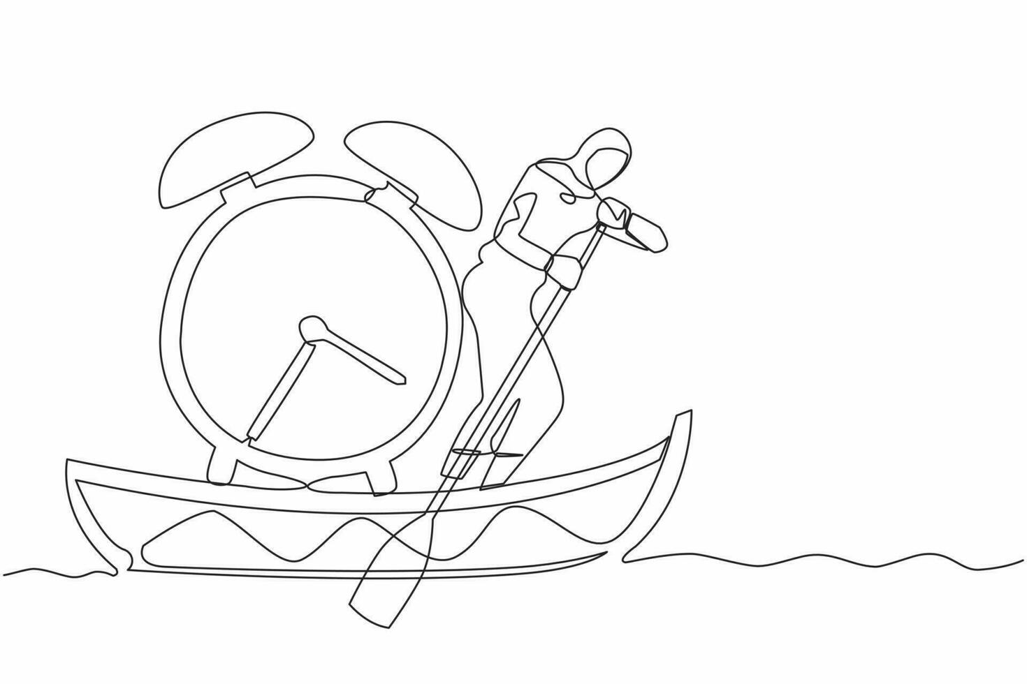 Continuous one line drawing Arab businesswoman standing in boat and sailing with alarm clock. Manager escape from project deadline. Time management problem. Single line draw design vector illustration