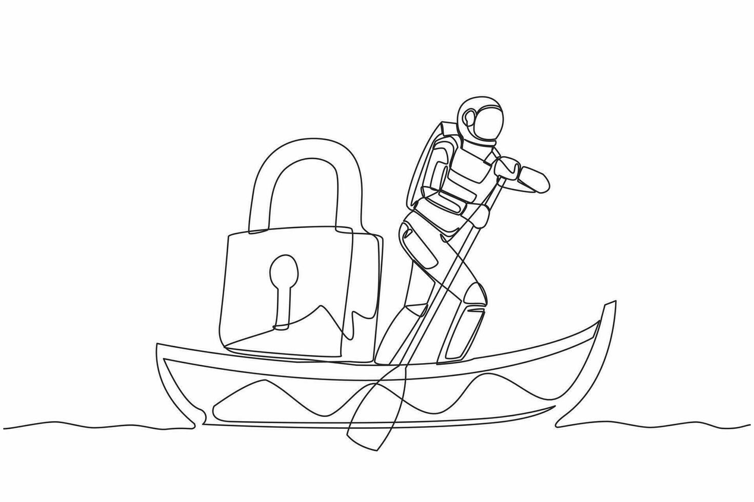 Single one line drawing astronaut sailing away on boat with padlock. Spaceship launch safety and protection. Cosmic galaxy space concept. Modern continuous line draw design graphic vector illustration