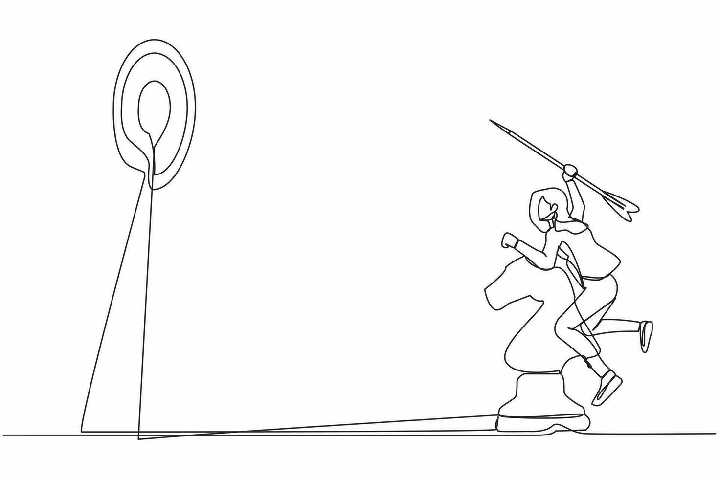 Single continuous line drawing of competitive businesswoman holding dart arrow and aiming target while riding horse chess piece. Success worker achievement. One line graphic design vector illustration