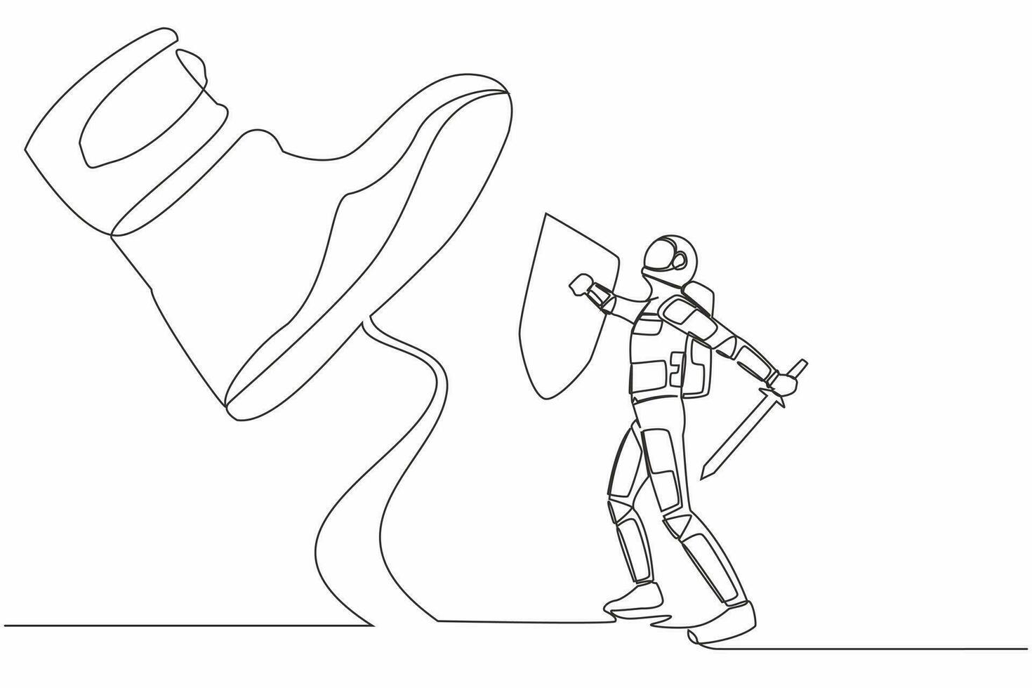 Single one line drawing young astronaut fight to giant foot with shield and sword in moon surface. Spaceman against boss big shoe stomp. Cosmic galaxy space. Continuous line design vector illustration