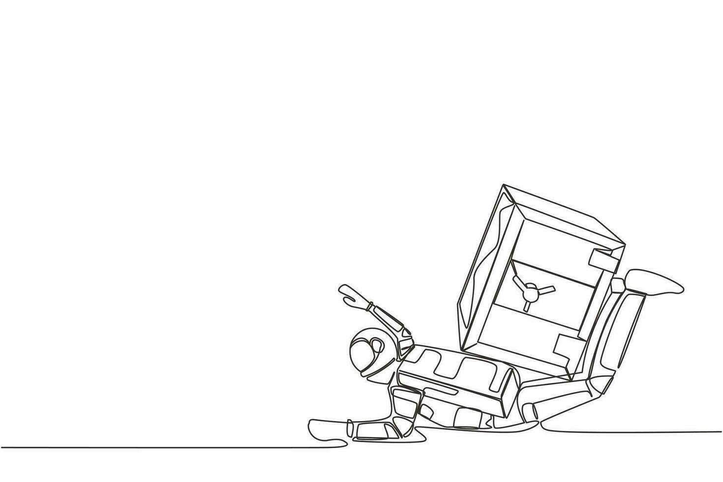 Continuous one line drawing young astronaut under heavy safe deposit box burden. Impact in pandemic crisis, bankruptcy at space industry. Cosmonaut outer space. Single line design vector illustration