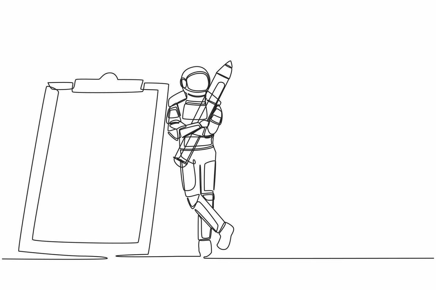 Single one line drawing astronaut holding big pencil and lean on clipboard in moon surface. Checklist space exploration document. Cosmic galaxy space. Continuous line draw design vector illustration