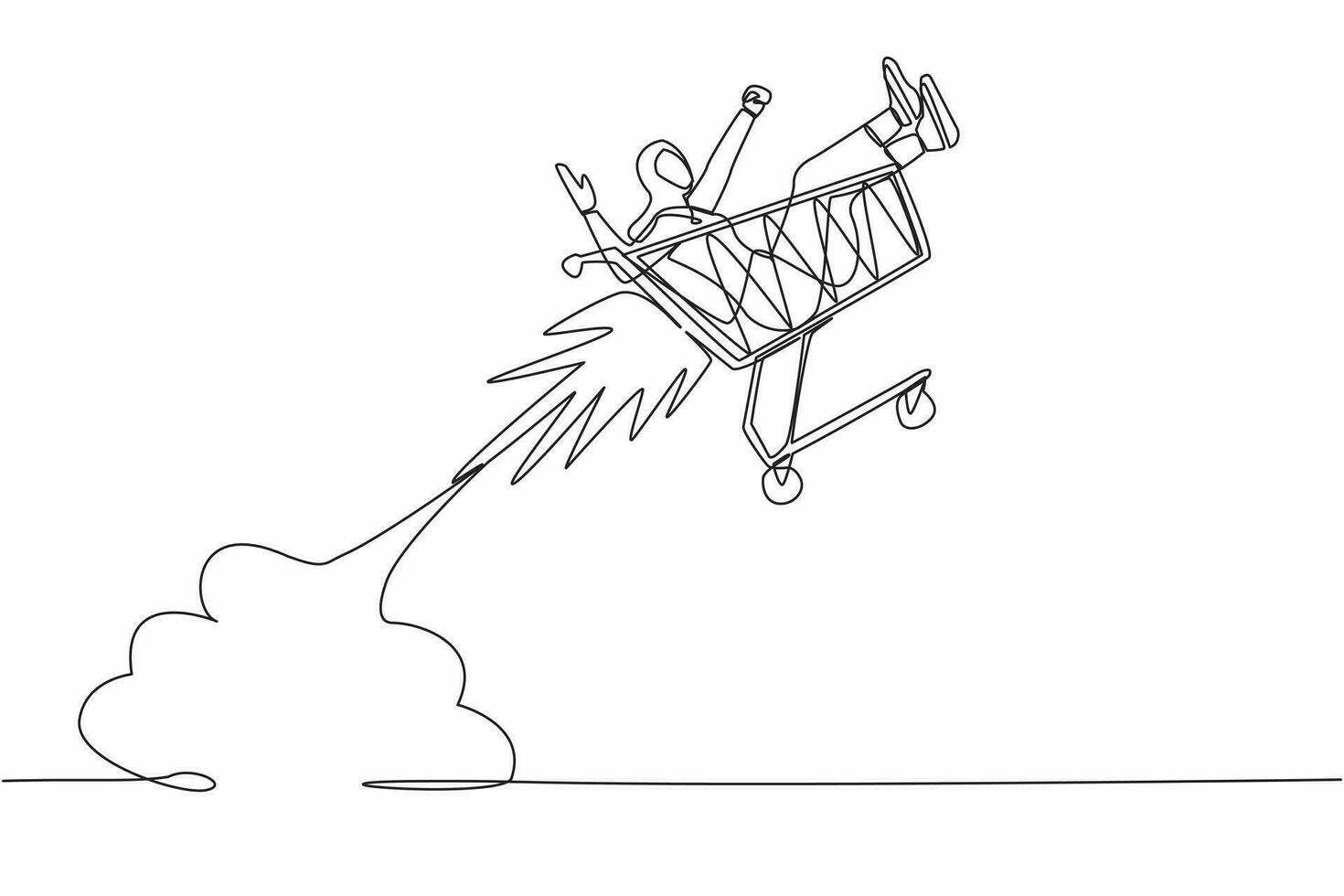 Single one line drawing Arab businesswoman riding trolley cart rocket flying in the sky. Happy buyer female shopping in department store, supermarket. Continuous line draw design vector illustration