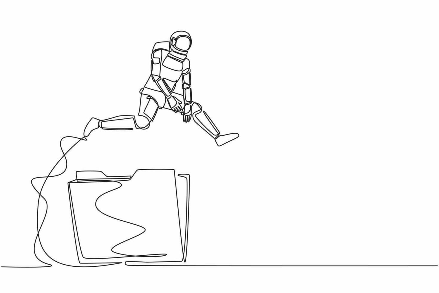 Single one line drawing astronaut jumping over folder icon. User data archive in space company. Office paper document. Cosmic galaxy space concept. Continuous line graphic design vector illustration
