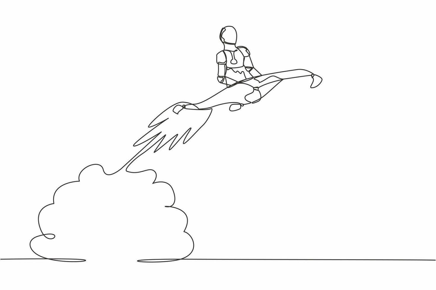 Single one line drawing robot riding magic carpet rocket flying in the sky. Tech business acceleration. Modern robotic artificial intelligence. Continuous line draw design graphic vector illustration