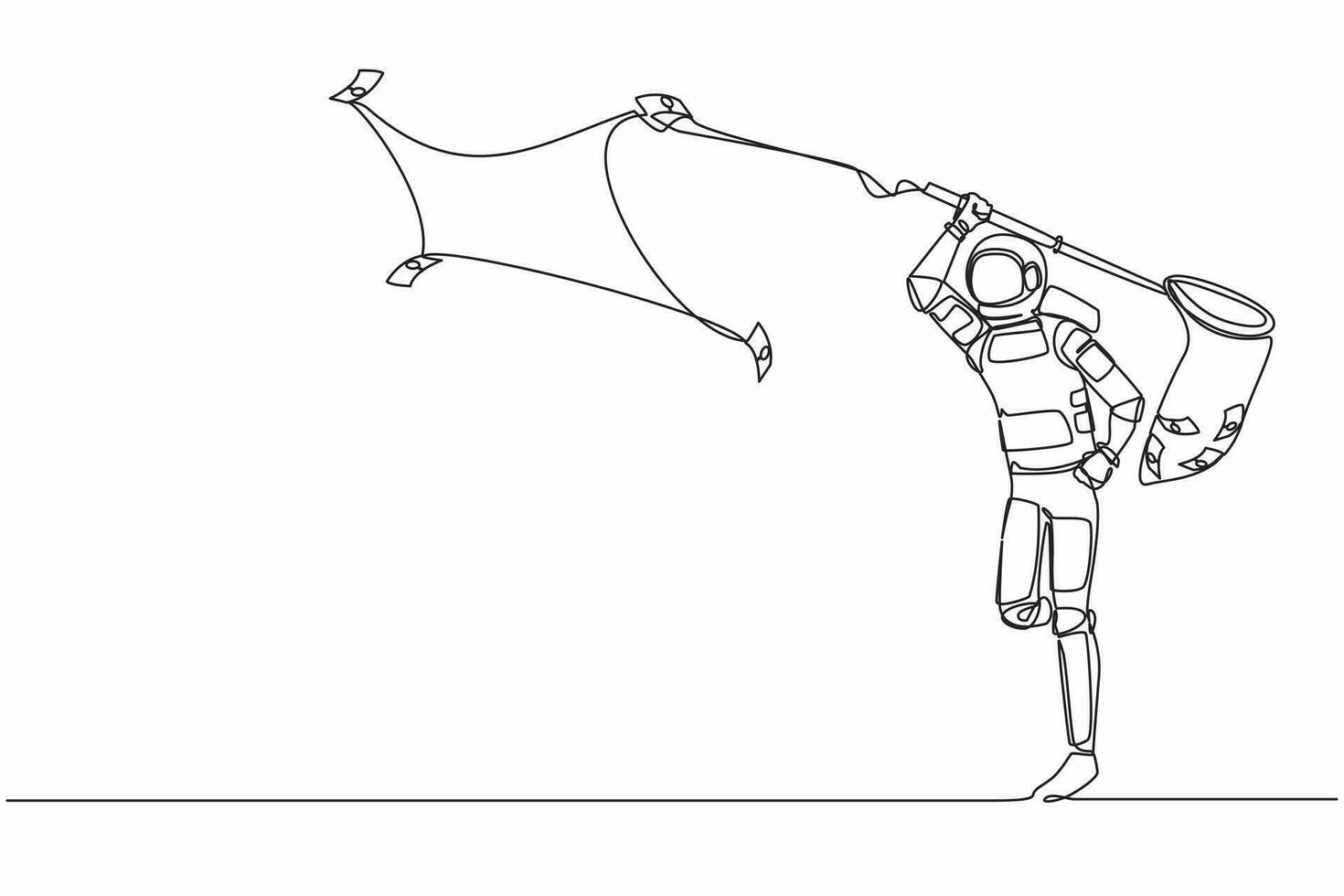 Single one line drawing astronaut trying to catch flying banknote money with net. Collecting spaceship funding from many company. Cosmic galaxy space. Continuous line draw design vector illustration