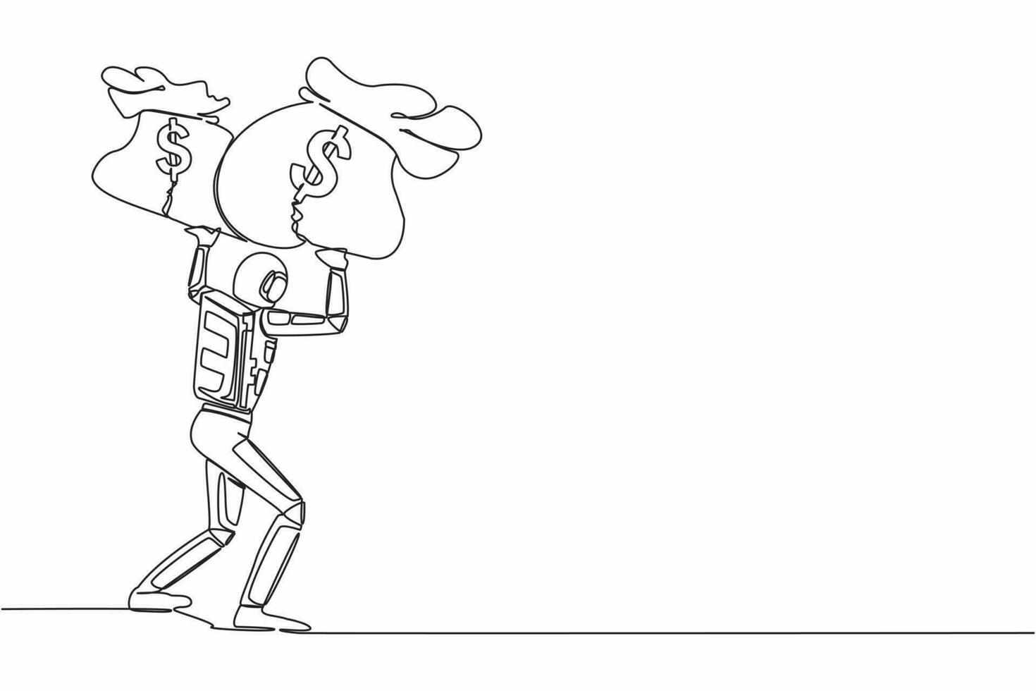Continuous one line drawing young astronaut carrying heavy money bag on his back. Finance crisis in space company due to pandemic. Cosmonaut outer space. Single line graphic design vector illustration