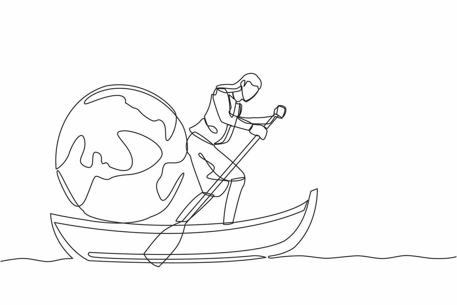 Single continuous line drawing businesswoman standing in boat and sailing with globe ball. Taking trip around the world by ship. Tourism or travelling. One line draw graphic design vector illustration