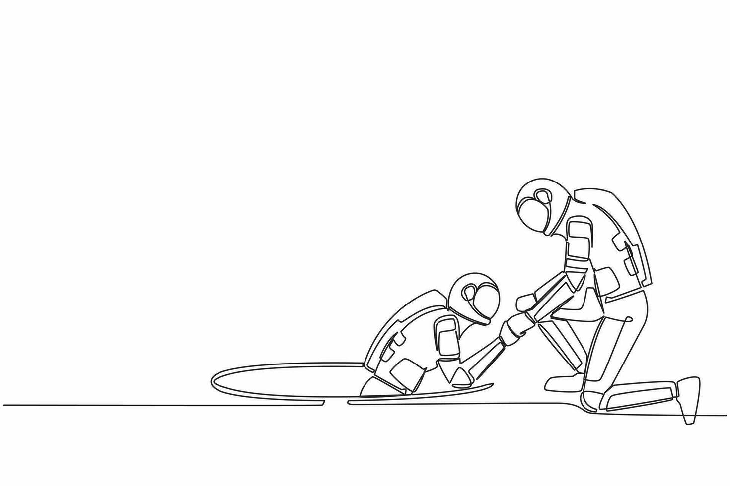 Continuous one line drawing astronaut helping his friend by take him out from hole. Two spaceman one of whom helps another. Cosmonaut outer space. Single line draw graphic design vector illustration