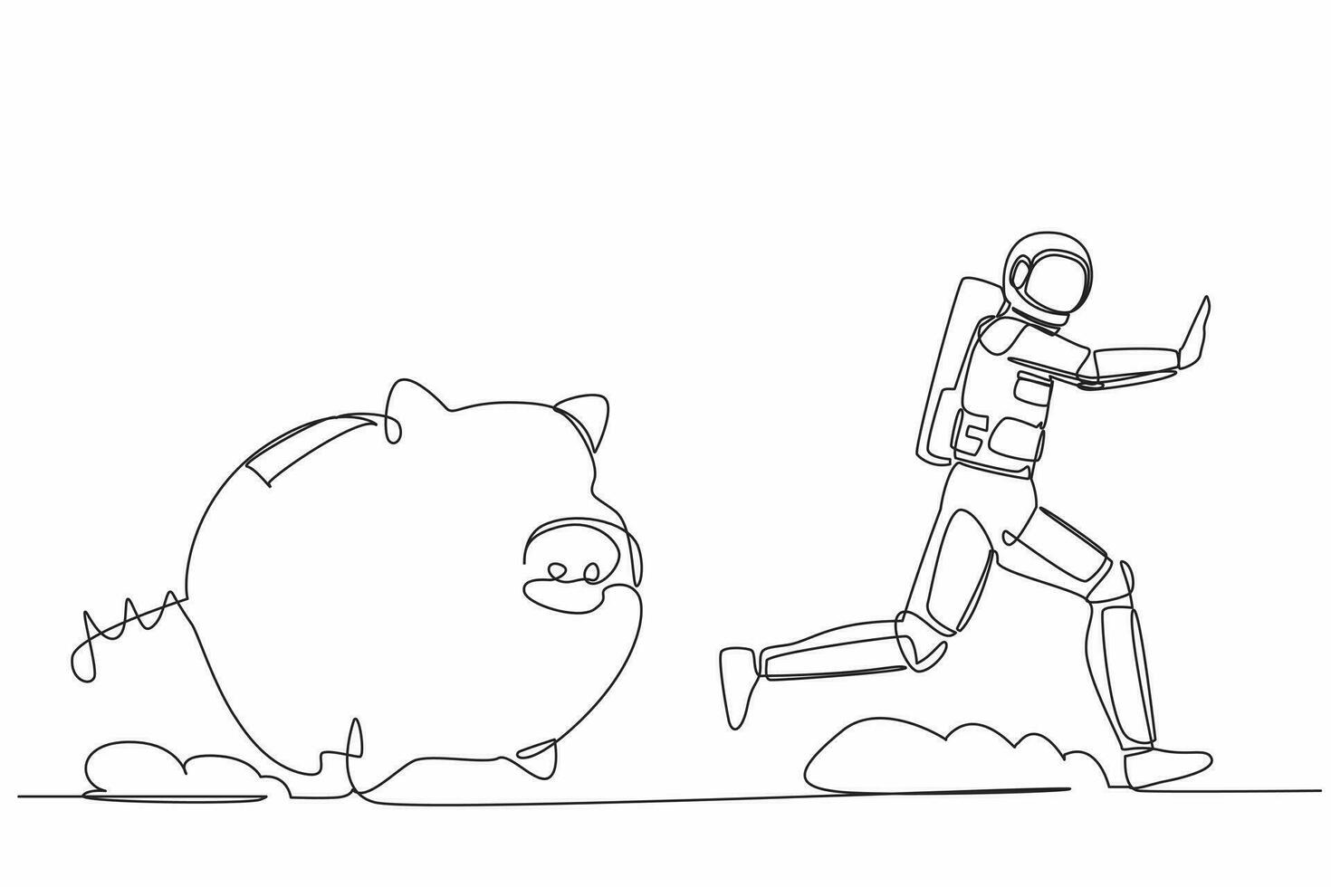 Single one line drawing young astronaut being chased by piggy bank. Economic crash due to pandemic. Losing money in spaceship industry. Cosmic galaxy space. Continuous line design vector illustration