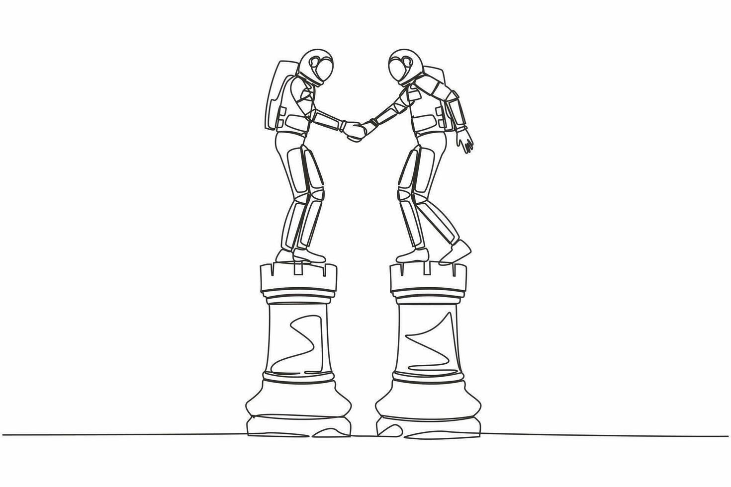 Single one line drawing of young astronaut leader shaking hand on rook chess. Collaboration strategy in spaceship industry. Cosmic galaxy space. Continuous line draw graphic design vector illustration