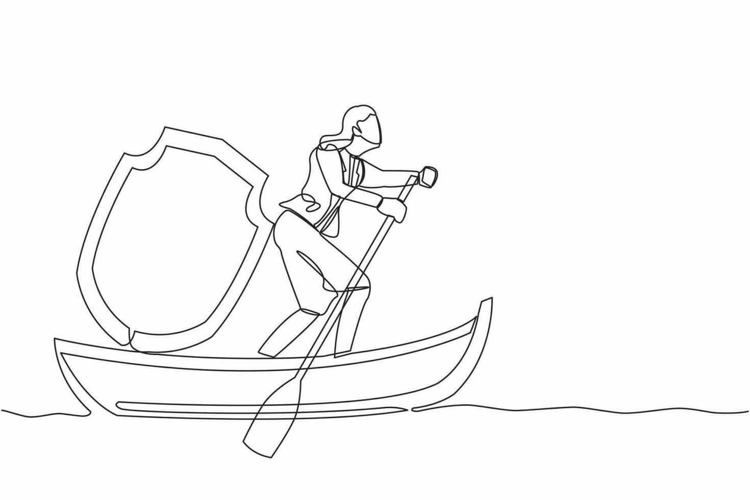 Single continuous line drawing businesswoman sailing away on boat with shield. Business protection and precaution financial crime. Security and insurance. One line graphic design vector illustration