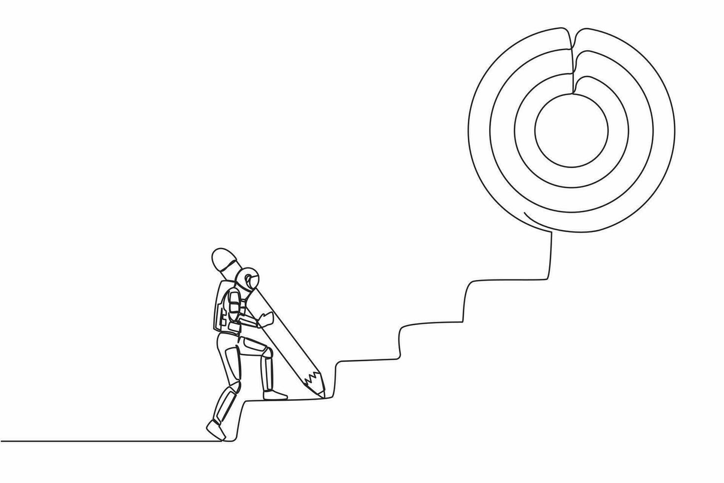 Single continuous line drawing astronaut use huge pencil to draw rising up stairs. Strategy reach space company target. Spaceman career path. Cosmonaut deep space. One line design vector illustration