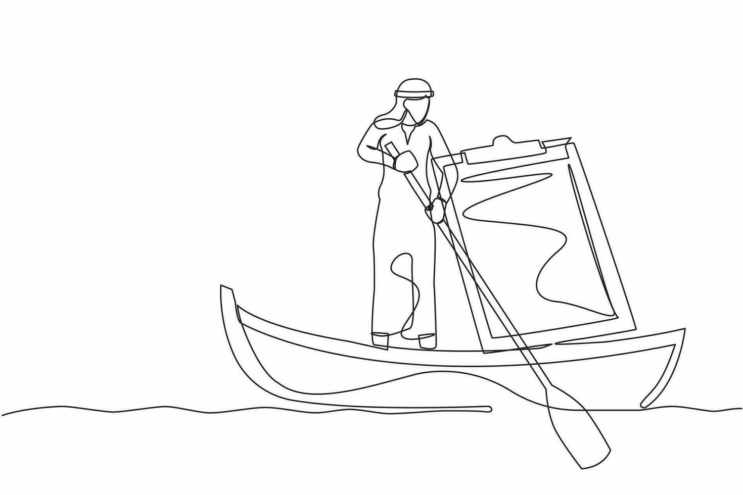 Single one line drawing of Arabian businessman sailing away on boat with clipboard. Delivery worker with checklist and ship. Shipping documents. Continuous line draw design graphic vector illustration